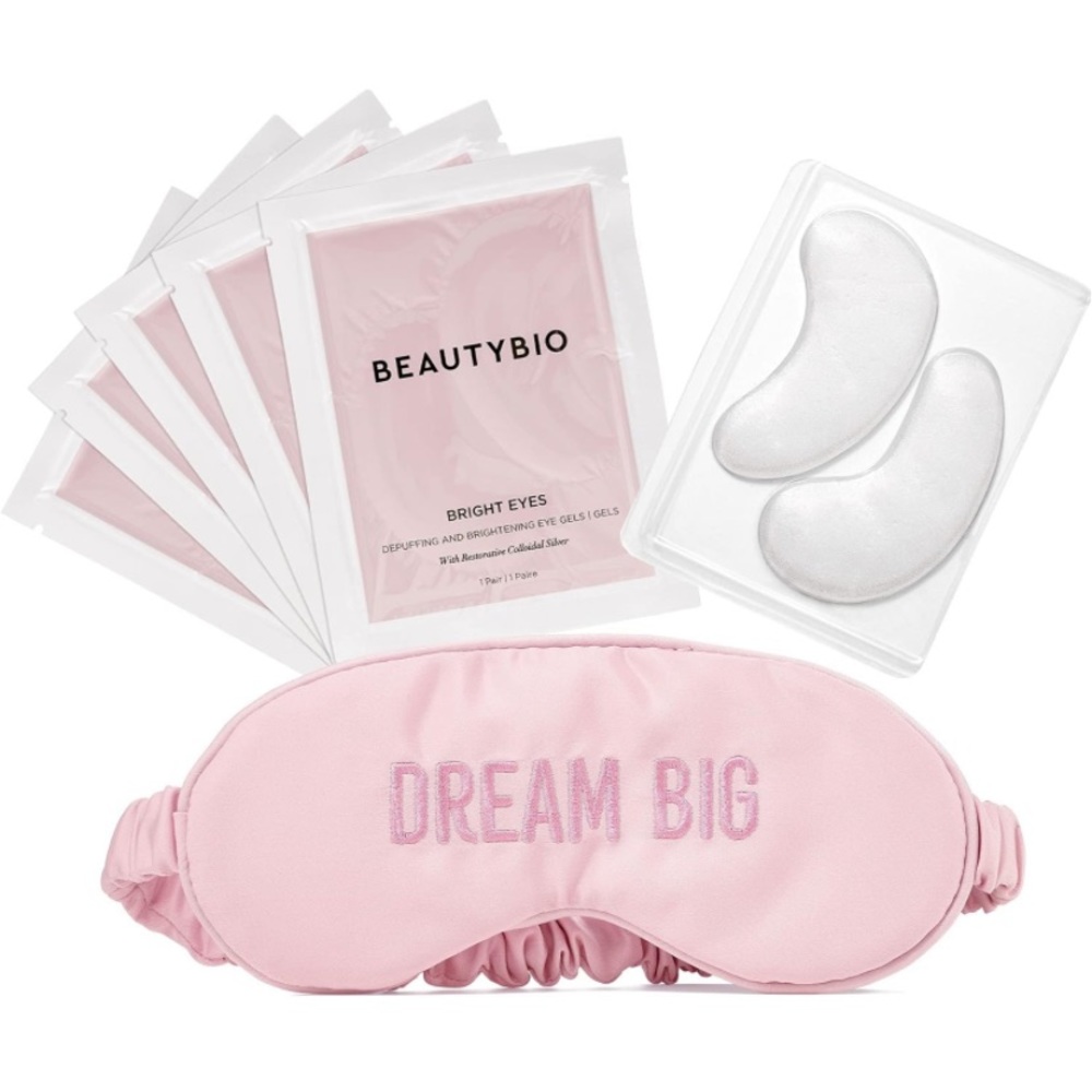BeautyBio Depuffing & Brightening Eye Gels and Silky Sleep Mask Set.
